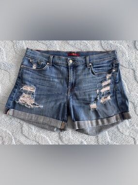 7 For All Mankind Denim Jean Shorts Size 31 Womens Zip Fly Cuffed Distressed